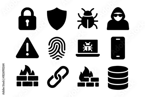Cybersecurity icons set featuring lock, shield, virus, hacker, and firewall symbols in bold black silhouette style