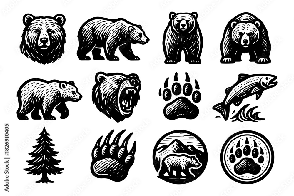 Fototapeta premium Wild bear emblems and nature icons in vintage woodcut style