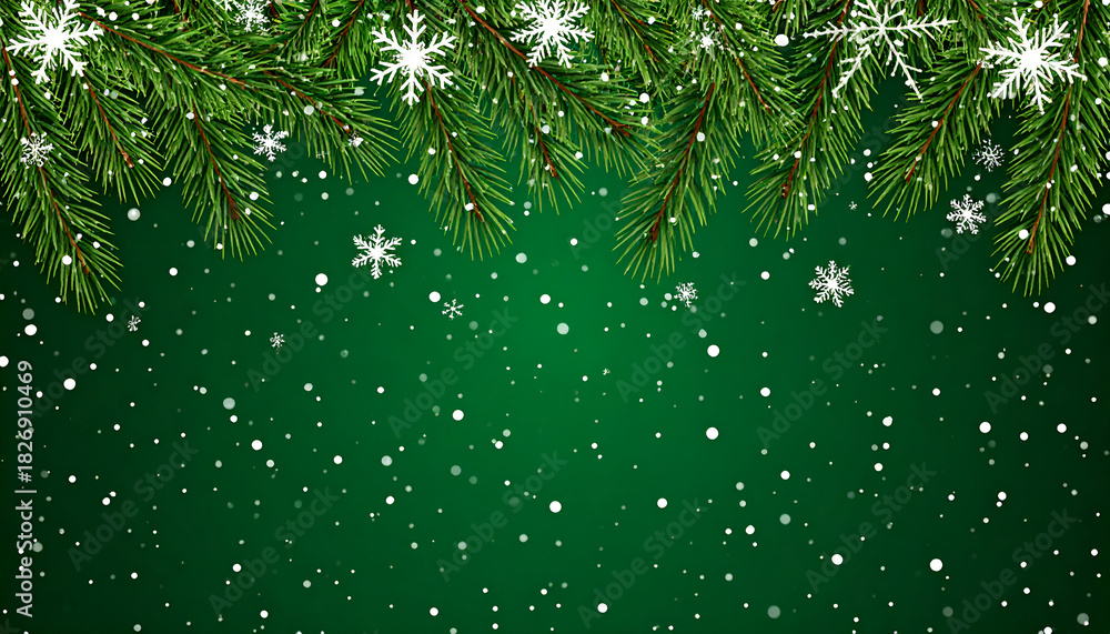Fototapeta premium classic green holiday background with subtle pine branch silhouettes and falling snow