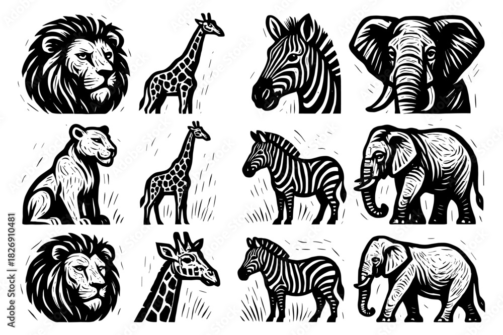Naklejka premium Black and white animal silhouettes highlighting safari wildlife in woodcut style