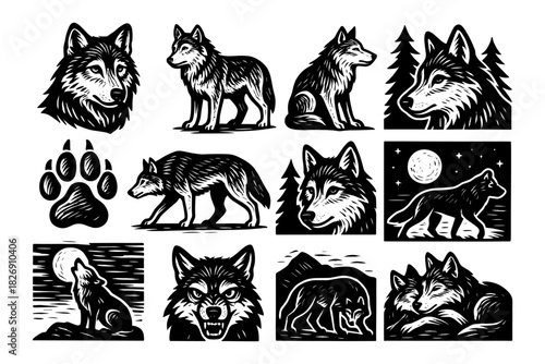 Wolf silhouette collection: majestic wildlife art in black and white