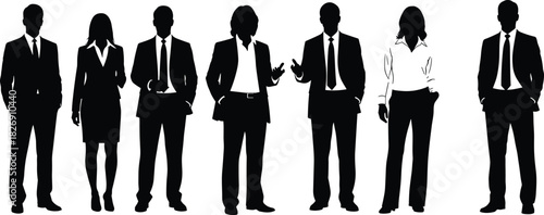 Business people silhouettes, professional men and women in formal office suits, corporate team illustration, black vector design for presentations