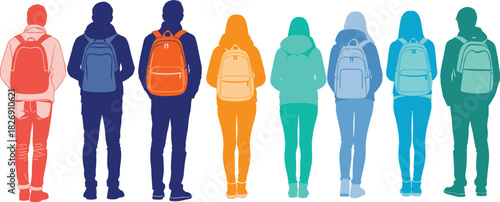Colorful vector illustration of people standing back view with backpacks, modern student group, travel lifestyle silhouette design