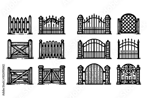 Vintage hand-drawn fence designs: ornate and rustic wood gate collection