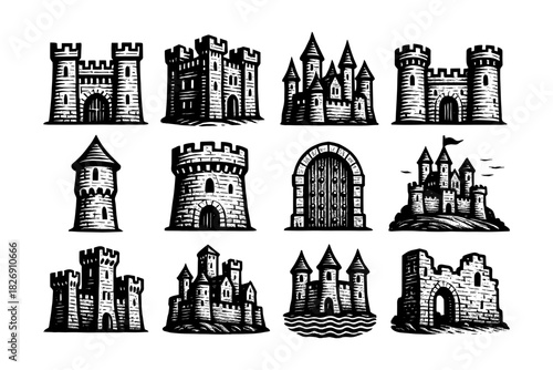 Medieval castle icons collection in hand-drawn style for historical themes