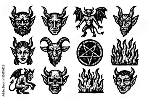 Vintage black and white demon and devil icon collection