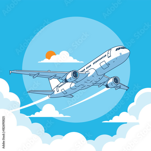 Commercial passenger airplane flying high in the blue sky with fluffy white clouds and a bright sun, symbolizing travel and adventure.