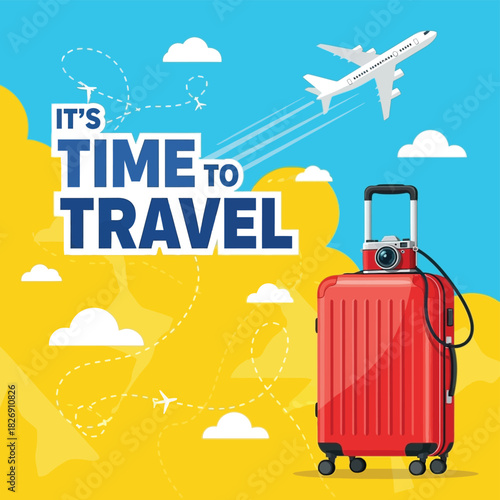 It's time to travel" text on a vibrant background with a red suitcase, vintage camera, and airplane flying in a clear blue sky.