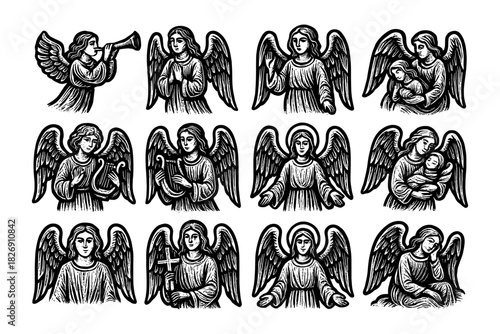 Vintage engraved angels playing instruments and holding symbols