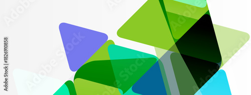 Abstract geometric shapes overlap, creating vibrant green, blue, purple tones. Minimalist design, clean lines, modern aesthetic.