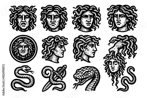 Medusa head variations and snake designs in black and white tattoo style