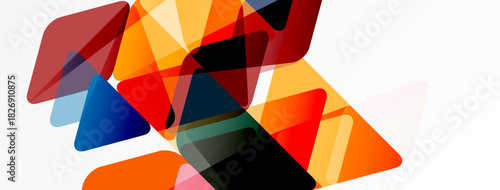 Abstract geometric shapes overlap, creating vibrant color blends. Warm tones dominate composition, with cool accents. Minimalist design.