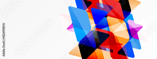 Abstract shapes overlap, creating vibrant color blocks. Blue, red, orange hues dominate white space. Modern design element.