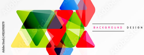 Vibrant geometric shapes overlap, creating colorful abstract composition. White background enhances visual impact. Modern design element.