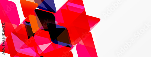 Abstract geometric shapes, vibrant reds, pinks dominate composition. White space provides contrast, modern aesthetic.