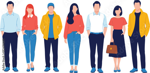Flat people illustration in modern outfit, diverse characters standing in casual clothing, vector design for lifestyle, fashion, and business projects