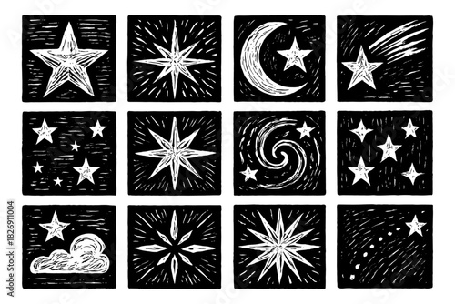 Hand-drawn celestial icons: stars, moon, and cosmic elements