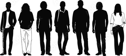 Group of diverse casual people silhouettes standing, men and women in everyday street wear vector illustration figures isolated on white