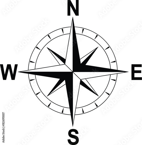 Classic monochrome compass rose illustration showcasing precise cardinal directions n, e, s, w, a fundamental symbol for guidance, discovery, and travel design.