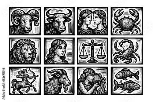 Zodiac signs in vintage woodcut style: a detailed monochrome collection