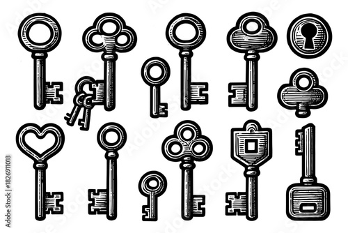 Vintage black and white key collection with intricate designs