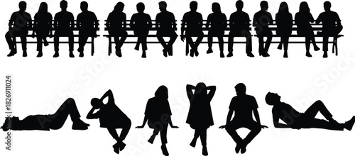 Group of diverse people silhouettes sitting on a bench, relaxing, and lying down, vector illustration set of men and women