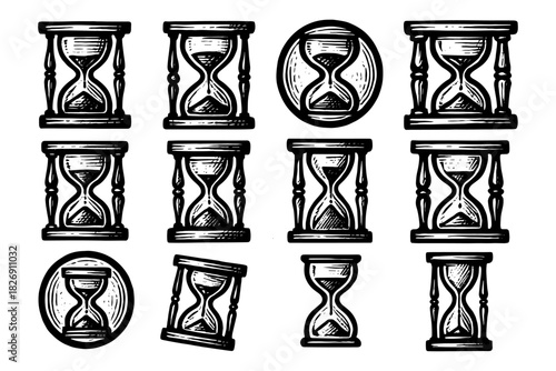 Hand drawn hourglass collection in vintage sketch style