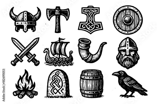 Norse elements in black and white: viking helmet, axe, longship, and symbols