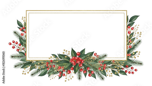 Watercolor Christmas Floral Frame with Holly Leaves, Red Berries, Pine Branches and Gold Glitter Border