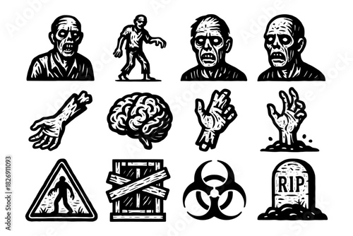 Zombie apocalypse icons set featuring walking dead, brain, and biohazard symbols
