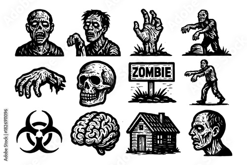Spooky zombie and skull collection in detailed vintage woodcut style