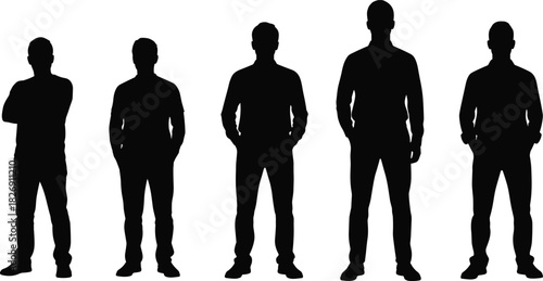 Group of five men silhouettes standing in casual poses, diverse adult male avatars set, anonymous black vector illustration figures isolated on white.
