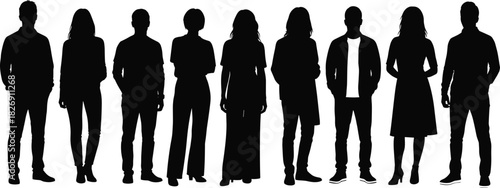 Group of modern people silhouettes, men and women standing together, casual outfit design, black vector illustration for creative artwork