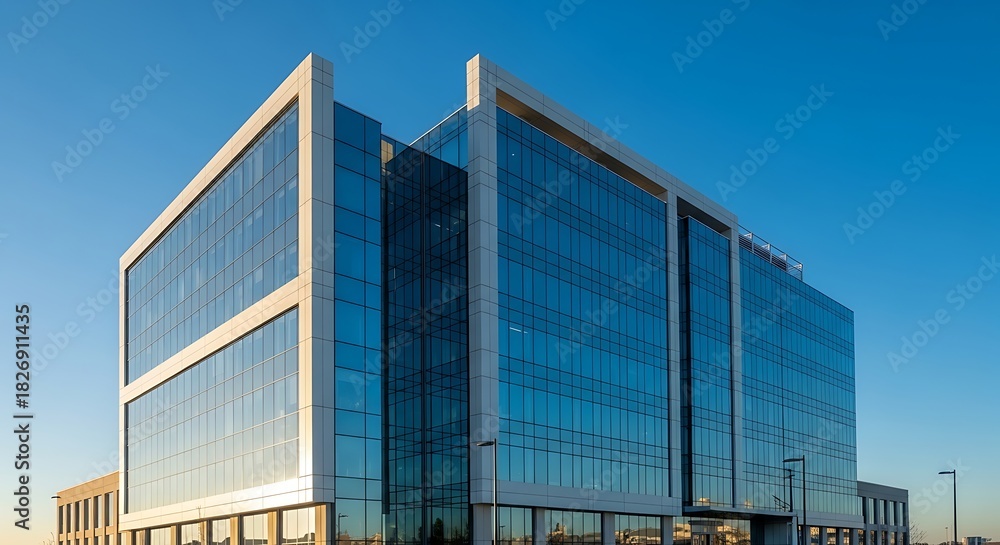 Obraz premium Modern glass office building with blue sky reflections on a sunny day