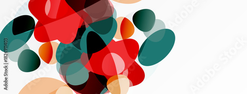 Abstract shapes overlap, creating vibrant color blends. Red, teal, orange hues dominate white background. Modern design element.