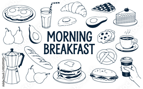 Morning breakfast and coffee icons sketch art.