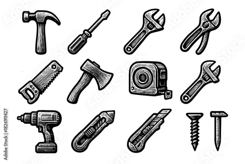 Vintage style hand tools collection: retro sketch of hammer, screwdriver, and wrench