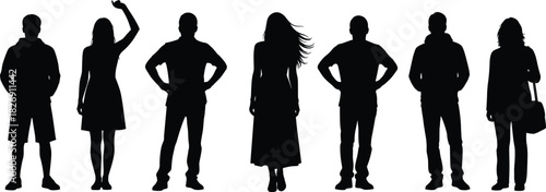 Group of stylish people silhouettes, men and women in casual outfits, black vector illustration design, modern lifestyle artwork concept