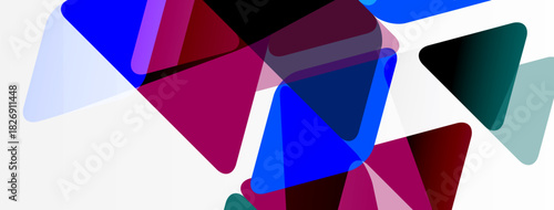 Abstract geometric shapes overlap, creating vibrant color blends. Composition features triangles, gradients, modern design elements.