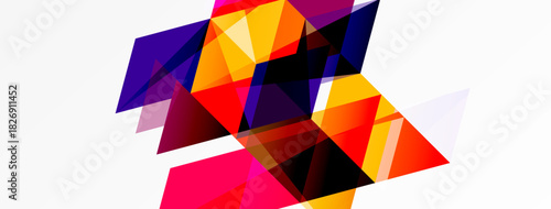 Abstract geometric shapes overlap, creating vibrant colorful composition. Bold triangles dominate design, offering modern aesthetic.
