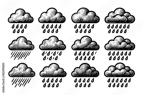Vintage style sketch set of rain clouds with raindrops in hand drawn black and white