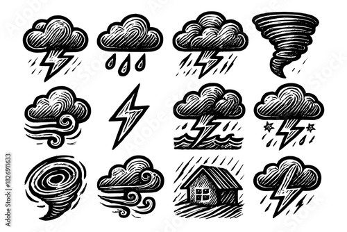 Hand drawn weather icons featuring clouds, lightning, and tornadoes in sketch style
