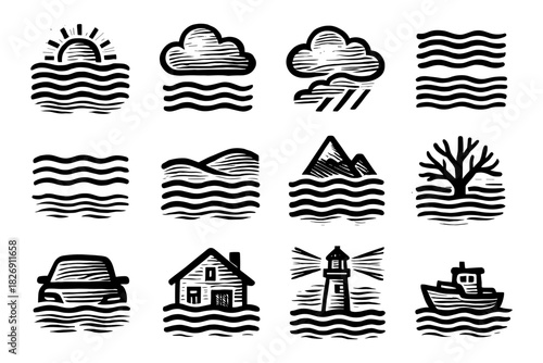 Weather and landscape icons in sketch style for nautical and travel themes