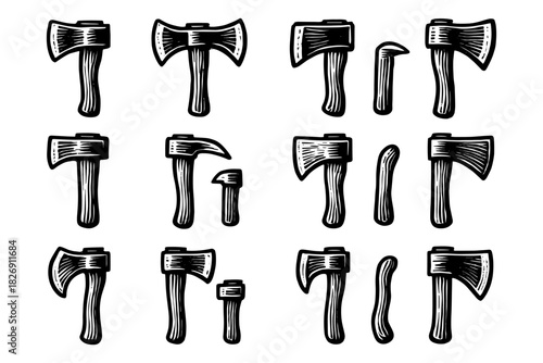 Vintage woodcut style axes collection: hand drawn axe variations in classic black and white