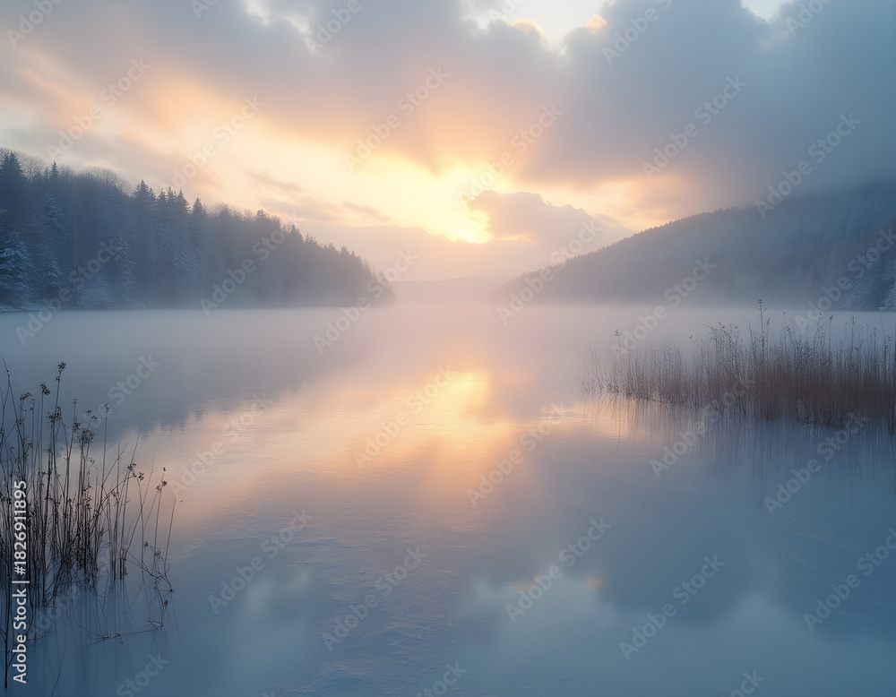 Fototapeta premium Macro Icicles on Rock with Frozen Lake & Reeds — Pastel Sunrise