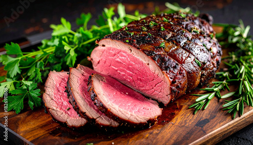 Aged venison backstrap roast with fresh herbs, rustic and earthy food styling. Tasty meat. Cooking