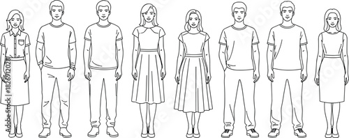 Line art vector illustration of men and women standing in casual outfits, modern fashion people outline, minimal lifestyle design