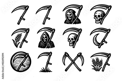 Grim reaper scythe collection in vintage black and white style