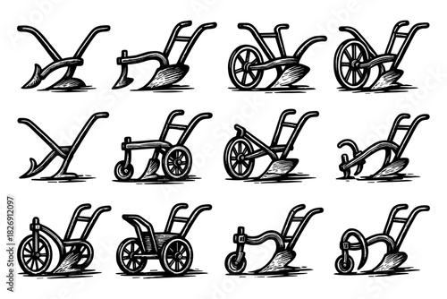 Vintage farming and wheelchair fusion black and white sketch