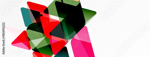 Abstract geometric shapes overlap, creating vibrant color patterns. Red, pink, green, black dominate white background. Modern design.